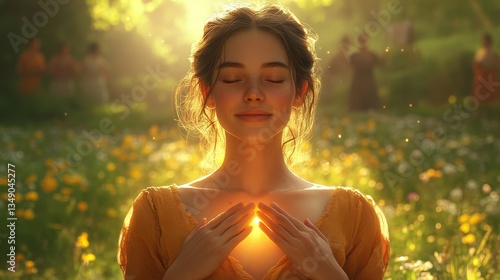 Obraz na płótnie serene young woman standing in golden sunlight with hands on chest glowing with warmth practicing gratefulness surrounded by wildflowers in nature w salonie