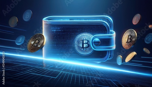 A digital wallet displays various cryptocurrencies as coins rotate and shine brightly.