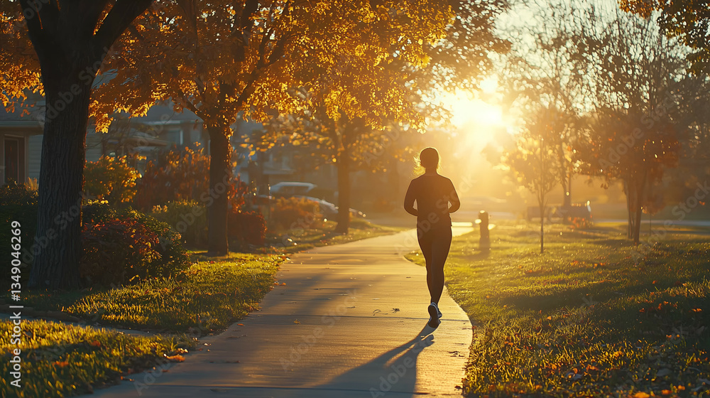 Fototapeta premium Autumn Runner in Morning Light: Silhouette Exercising in Vibrant Park at Sunrise for Health and Wellness