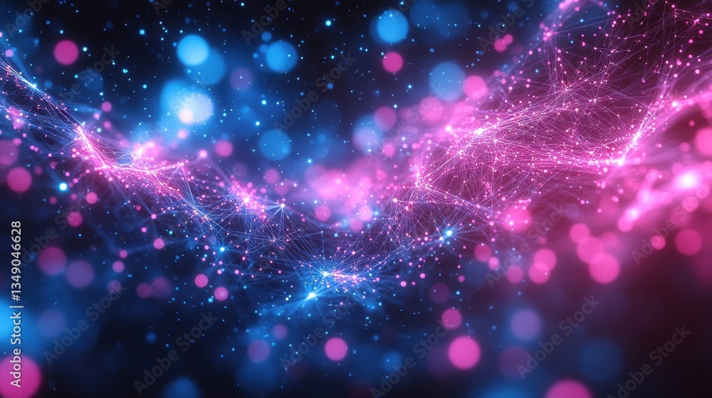 Fototapeta premium A surreal background of magenta and sapphire blue particles, forming an intricate web of interconnected glowing dots.