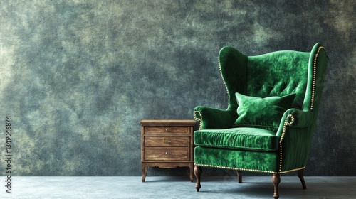 Emerald green wing back chair with pillow in grey living room interior with wooden commode