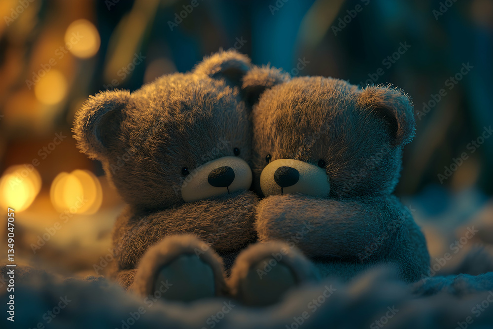 Two teddy bears hugging, symbolizing friendship and warmth in a cute scene Two teddy bears hugging, symbolizing friendship and warmth in a cute scene