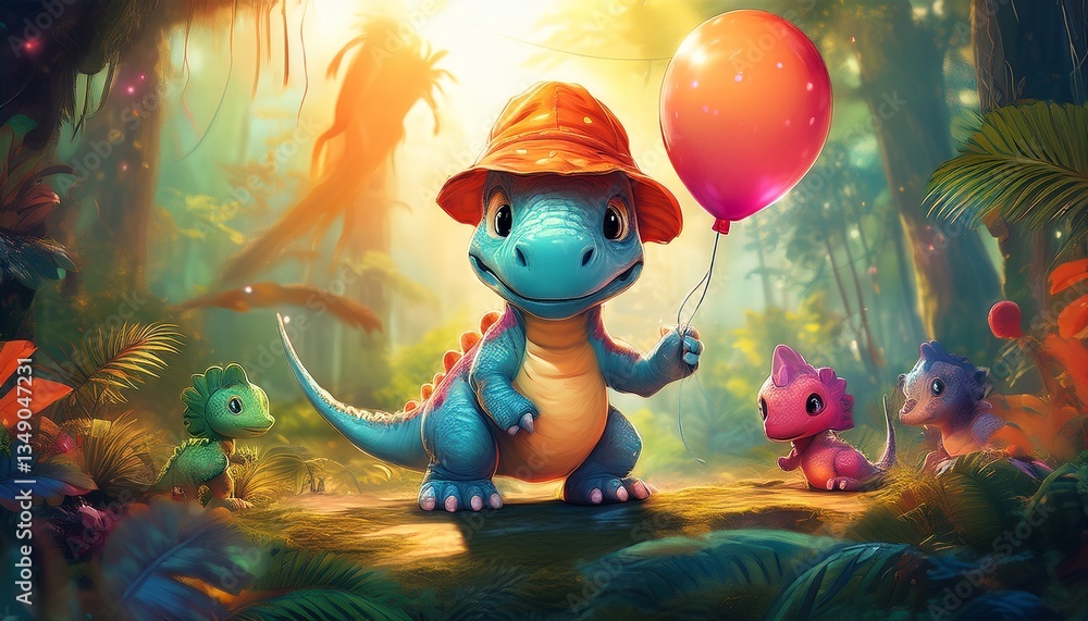 Fototapeta premium Friendly dinosaur wearing a tiny hat holding a balloon, exploring a vibrant prehistoric world, colorful cartoon style, playful children illustration