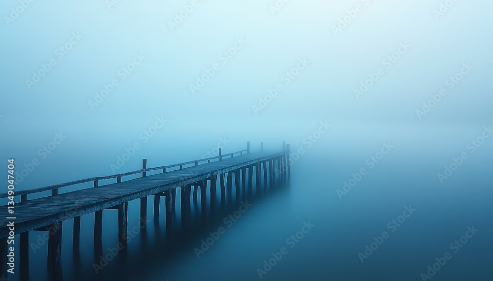 Wooden Dock Extending Into Misty Water Minimalist and Tranquil Scene Wooden Dock Extending Into Misty Water Minimalist and Tranquil Scene