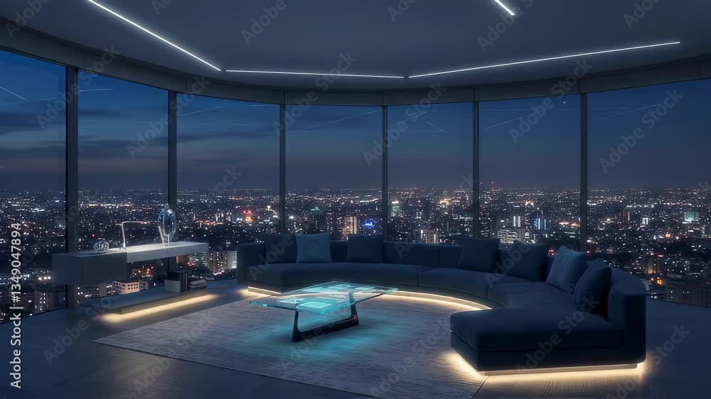 Futuristic penthouse lounge with floor-to-ceiling windows offering a breathtaking city skyline view. Sleek furniture and LED lighting create a stylish, high-tech ambiance Futuristic penthouse lounge with floor-to-ceiling windows offering a breathtaking city skyline view. Sleek furniture and LED lighting create a stylish, high-tech ambiance
