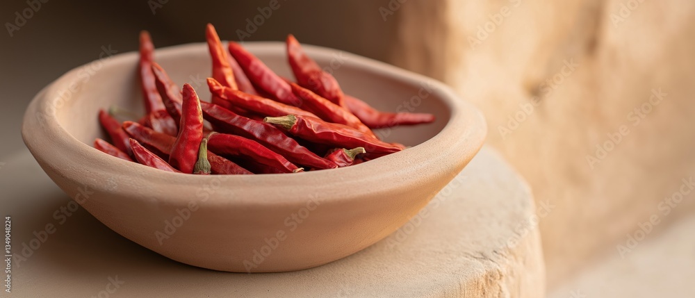 Small, round, terracotta-colored bowl filled with red chili peppers. the bowl is placed on a beige-colored surface, and the background is blurred, making the bowl the focal point of the image. Small, round, terracotta-colored bowl filled with red chili peppers. the bowl is placed on a beige-colored surface, and the background is blurred, making the bowl the focal point of the image.