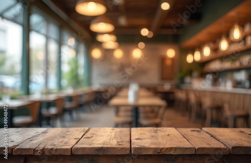 Wallpaper Mural Empty wooden table platform, blurred defocused restaurant interior. Cafe, bar background with copy space for products, display. Vintage tone design, shop interior, lifestyle, modern business. Torontodigital.ca
