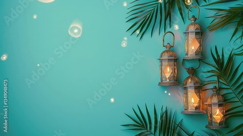 Ramadan Kareem 3D concept with hanging lantern decoration on blue background banner template design isolated on plain pastel color studio background with fresh coconut leaves around it
