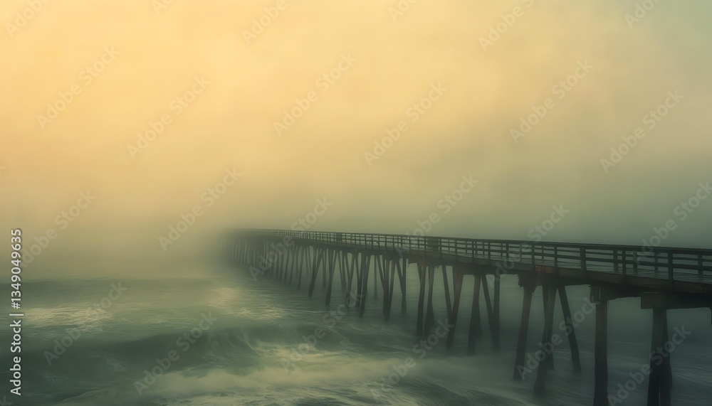 Fototapeta premium Fog Enshrouded Pier Extending Into Ocean with Waves Crashing Below