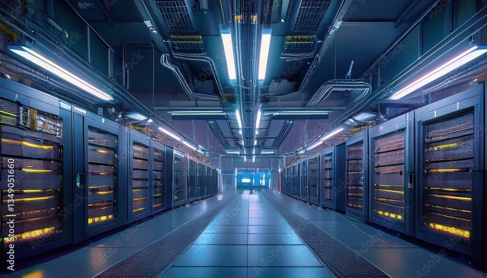 Fototapeta premium A vibrant data center filled with servers highlights blockchain technology.