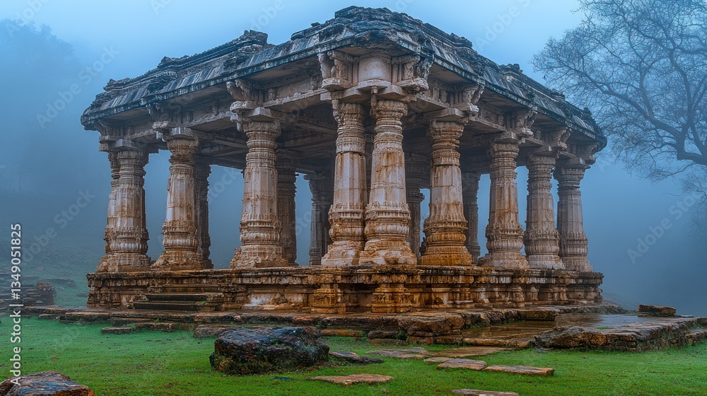 Obraz premium Ancient stone temple in misty landscape