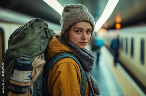 Young female traveler with backpack waiting at train station.