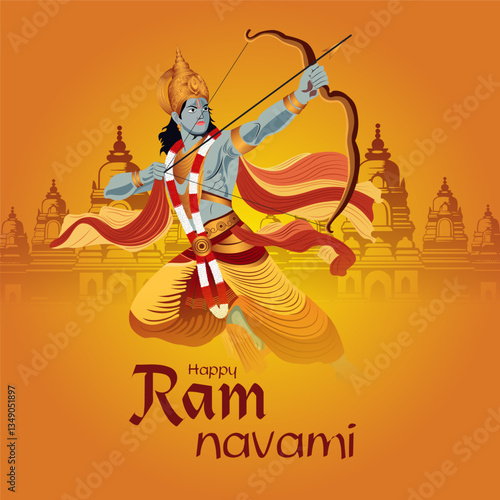 Rama navaRam Navami Celebration Artwork – Lord Rama in a Warrior Pose with Bow, Flowing Attire, and Sacred Temple Background – Perfect for Hindu Festival Posters, Social Media, and Invitations.