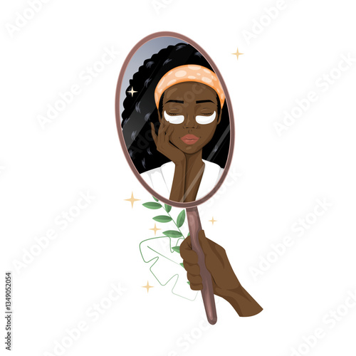 African american woman having a morning beauty routine with eye patches and looking in the mirror