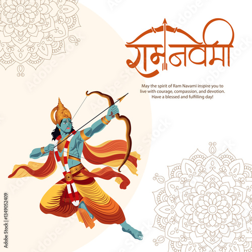 Ram Navami Celebration Vector Art, Artistic Hindu God Rama with Traditional Bow, Elegant Mandala, and Ram Navami in Sanskrit Typography, Perfect for Flyers, Invitations, and Festive Digital Content.