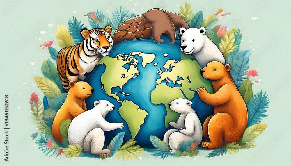Naklejka premium Description (EN, ≤200 chars): Fun children’s book-style illustration of diverse animals like polar bears and turtles together in a playful scene, colorful and friendly design