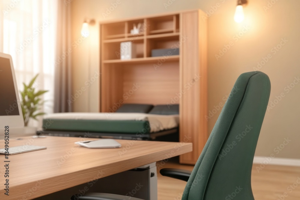 Cozy multifunctional space featuring hidden bed, modern desk, an Cozy multifunctional space featuring hidden bed, modern desk, an