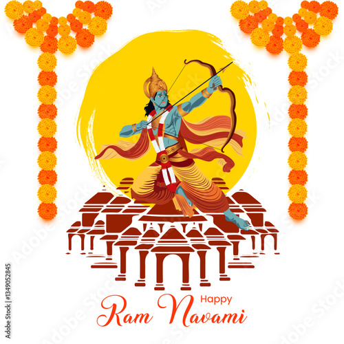 Ram Navami Hindu Festival Design – Lord Rama in Warrior Pose with Ayodhya Temple and Floral Garlands – Spiritual Art for Religious Greetings, Devotional Prints, and Worship Decor.
