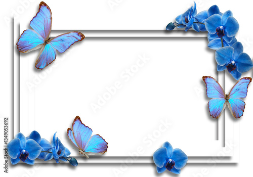 blue butterflies and blue orchids on a transparent background with shadows.Close-up,isolated,macro