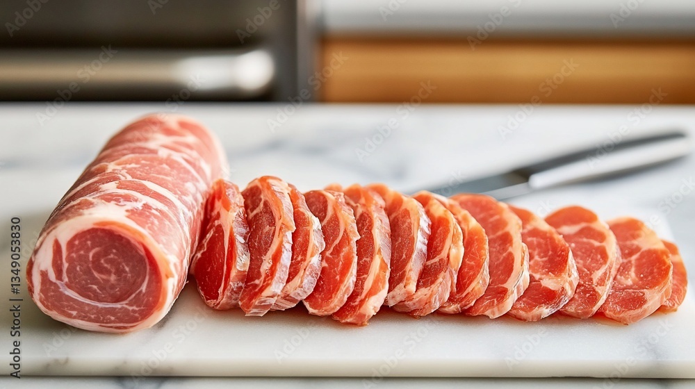 Delicious Sliced Pork Roll on Marble Board Ready for Cooking and Serving Delicious Sliced Pork Roll on Marble Board Ready for Cooking and Serving