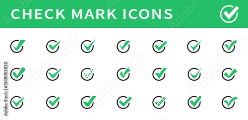 Set of green check marks in a circle. Check marks or ticks. Green confirm symbol. Vector icon confirm acceptance of a positive passed agreement on voting or completion of tasks in the list. Vector