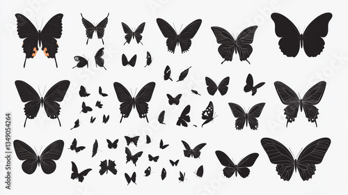 A diverse collection of butterfly silhouette icons presented in a clean, vector illustration format. 