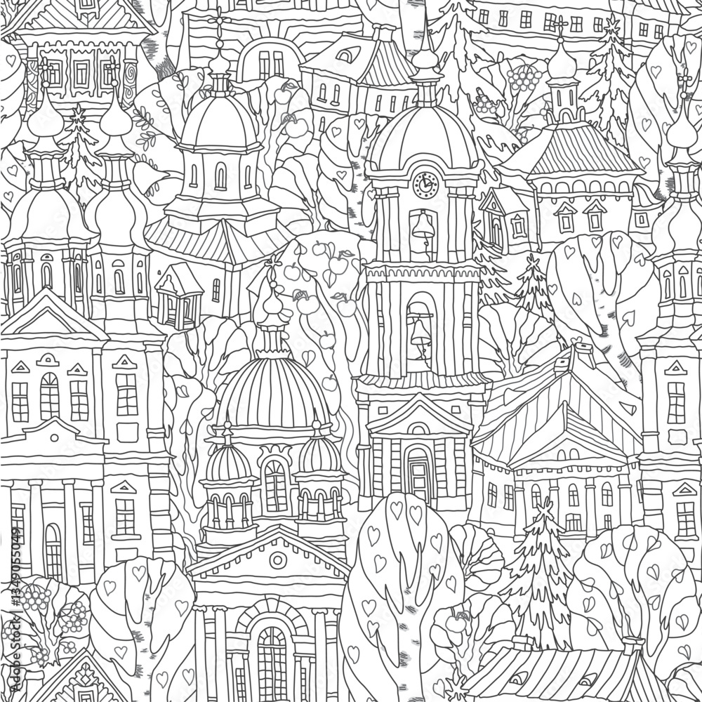 Vector seamless pattern with antique churches and houses. Contour doodle sketch for coloring book page Vector seamless pattern with antique churches and houses. Contour doodle sketch for coloring book page