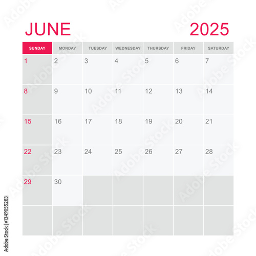 Classic monthly calendar for 2025. week starts on sunday. simple June 2025 calendar template. monthly planner design in box