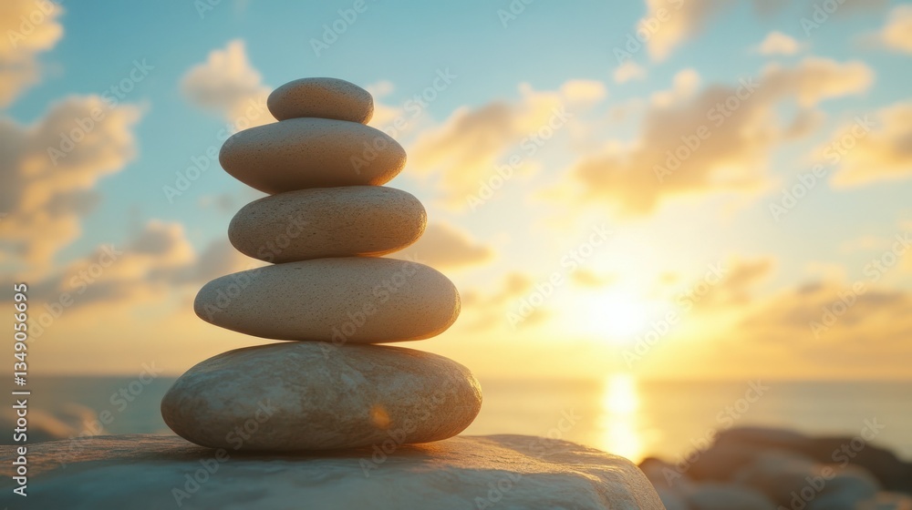 Stacked stones against a serene sunset backdrop representing balance and mindfulness fostering tranquility and inner peace for meditation practices Stacked stones against a serene sunset backdrop representing balance and mindfulness fostering tranquility and inner peace for meditation practices