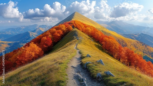 Autumnal mountain peak trail, vibrant foliage, scenic panorama, travel poster