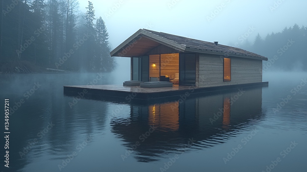Misty Lakeside Floating Cabin at Dawn Misty Lakeside Floating Cabin at Dawn
