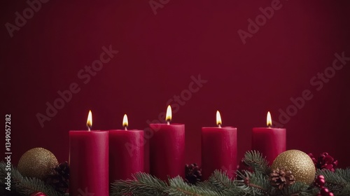 Five lit red Advent candles with pine, cones, and ornaments on a dark red background.