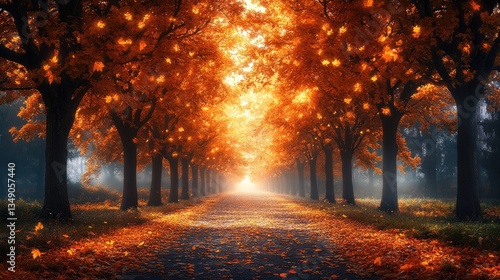 Autumnal path, leaves falling, misty morning, scenic road, nature poster