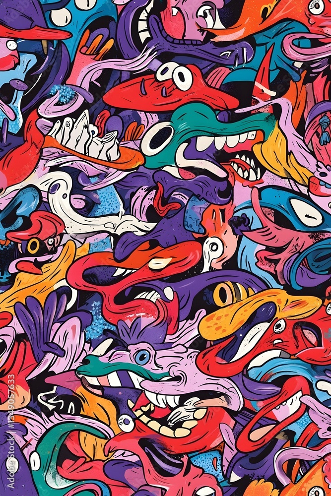 Obraz premium Colorful abstract art with cartoonish faces, vibrant colors, and playful shapes. Perfect for textile design, wallpaper, or vibrant backgrounds.