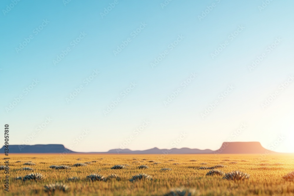Vast desert landscape under clear blue sky with distant mesas an Vast desert landscape under clear blue sky with distant mesas an