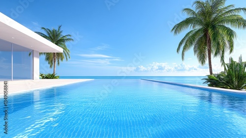 A serene infinity pool with clear blue water, surrounded by palm trees and a modern architectural design under a bright sky, sustainable living lifestyle.