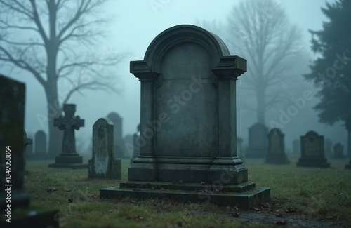 Nameless tombstone in dark, foggy graveyard. Ancient stone memorial in cemetery with graves, crosses, headstones. Spooky atmosphere, desaturated colors, perfect for horror, mystery, death concepts.