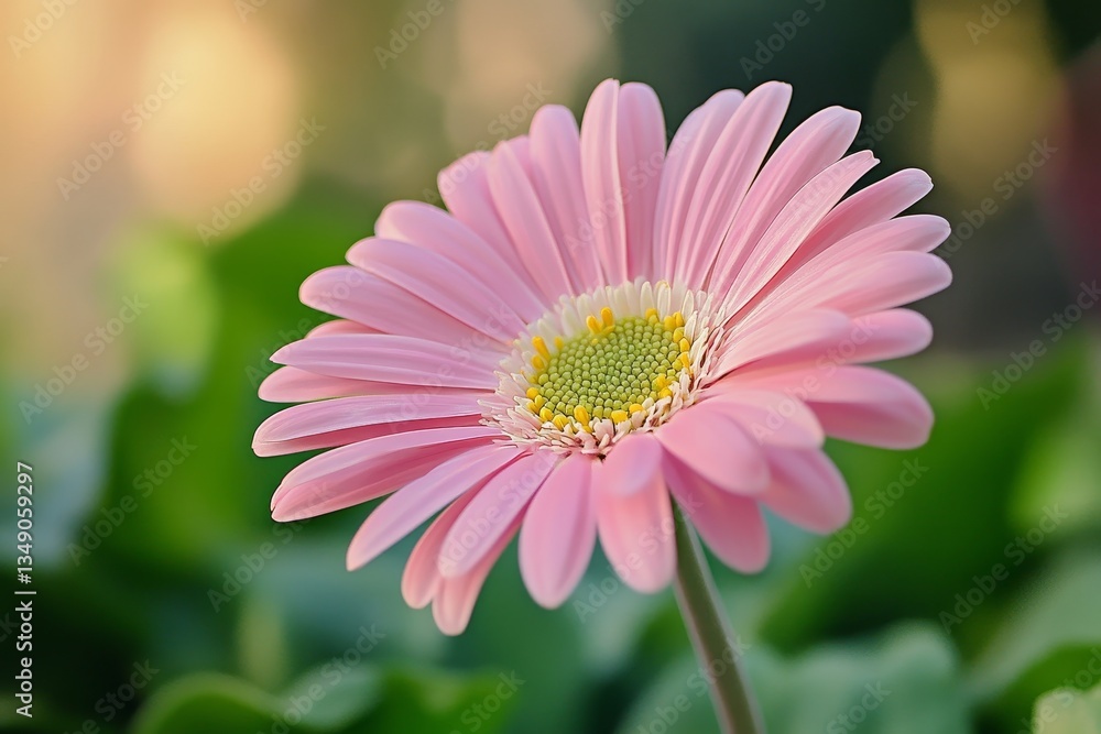 Obraz premium Macro Photography of a Blooming Pink Daisy in the Garden, Featuring Delicate Petals, a Yellow Center, and a Green Stem 