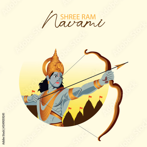 Lord Rama Illustration for Ram Navami, Archery Pose of Shri Ram with Ancient Temple Backdrop in a Sacred Hindu Festival Theme, Great for Posters, Worship Decorations, and Social Media.