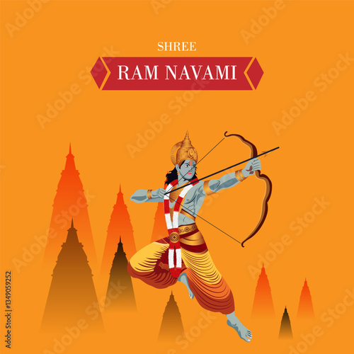 Lord Rama Navami Celebration Design – Hindu God in Warrior Pose with Bow, Temple Elements, and Spiritual Aura – Great for Religious Flyers, Greeting Cards, and Digital Media.