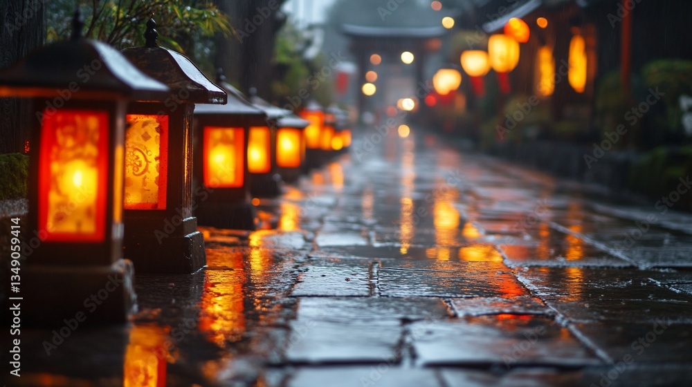 Illuminated Path: Traditional Japanese Lanterns in a Rainy Evening Setting Illuminated Path: Traditional Japanese Lanterns in a Rainy Evening Setting