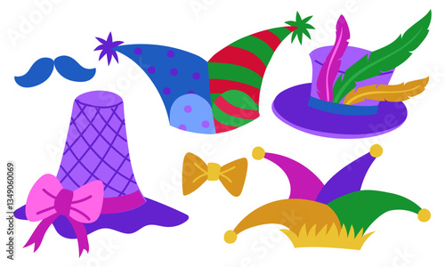 set of colored hats for Mardi Gras. flat illustration is suitable for decorating carnival events, festive accessories, promotional materials and goods related to the theme of holidays and masquerades.