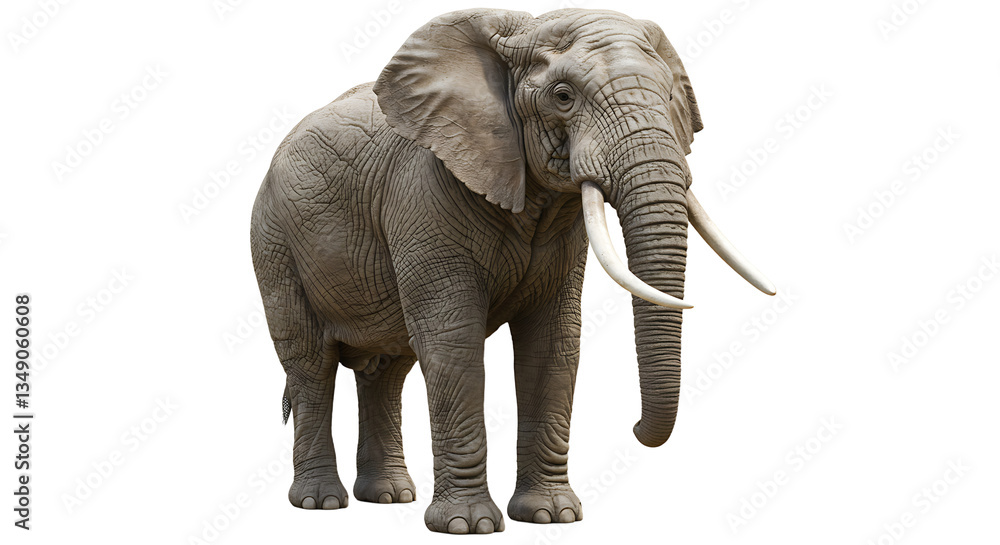 Fototapeta premium Standing Elephant with Long Tusks Isolated on White Background