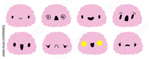 Cute cartoon brain character set. Depression, burnout, happy, sad, apathy, mental problems concept. Antidepressants and serotonin. Stock vector illustration isolated on white background.