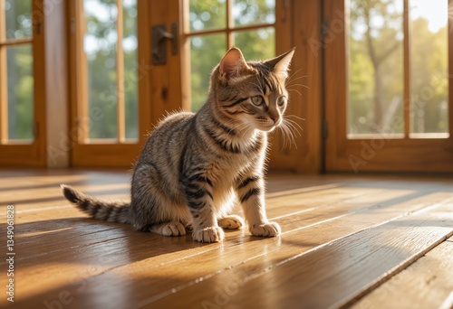 A tabby kitten sits on a wooden floor in front of a window