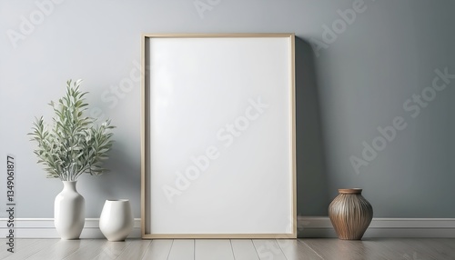 Empty vertical modern picture frame mockup in empty minimalistic interior hanging on a gentle green wall