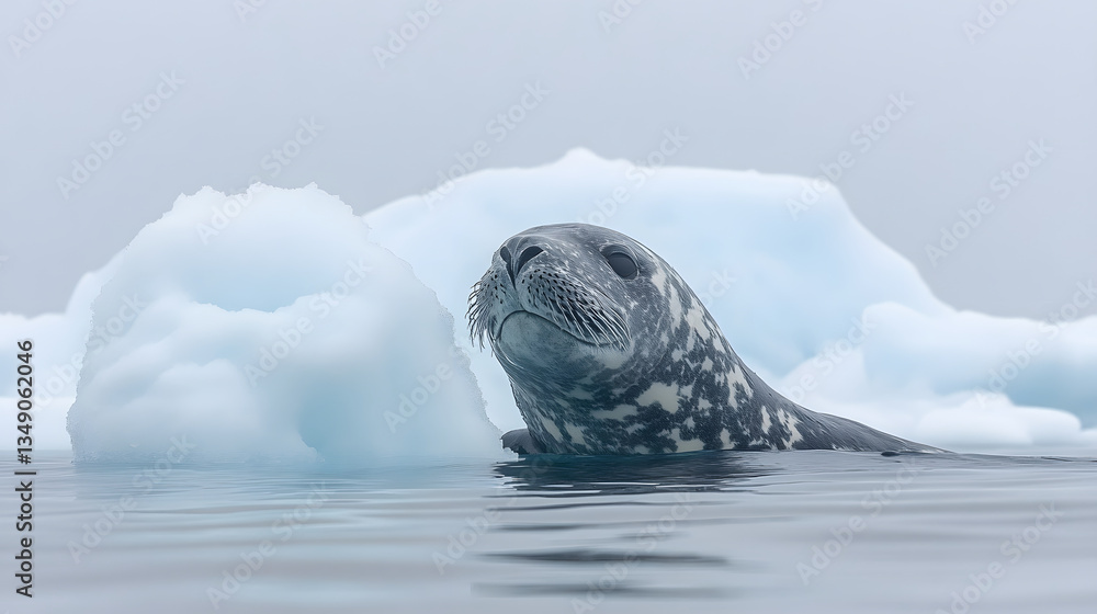 Obraz premium Seal emerging from icy waters with floating icebergs nearby