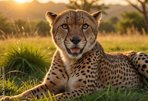 A cheetah rests in the grass bathed in golden sunlight