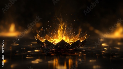 Golden lotus flower with fire flames and sparks amidst dark serenity