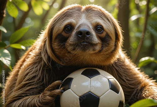 A sleepy sloth holds a soccer ball in a lush green environment
